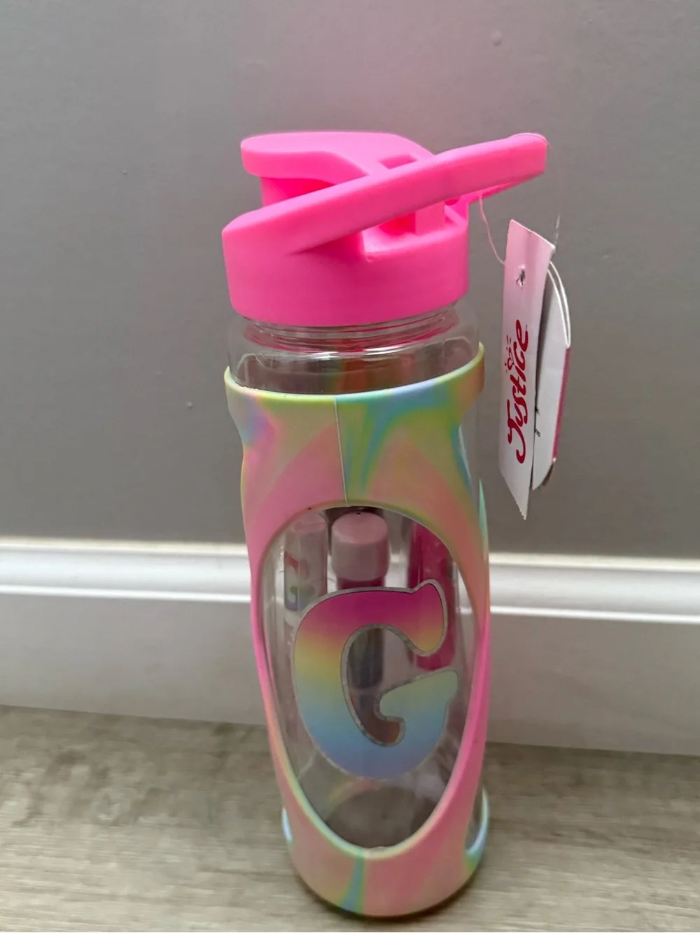 Justice Pink Lid Iridescent Sleeve Water Bottle with G Detail